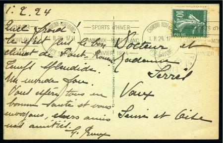 Stamp of Olympics » 1924 Chamonix SEVENTH DAY OF THE GAMES: 1924 (Feb 1) Picture postcard with "SPORTS d'HIVER / CHAMONIX - MONT-BLANC / JANVIER 1924" special roller cancel