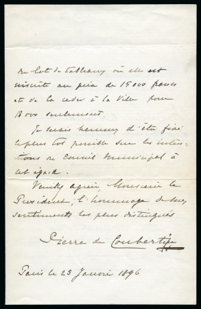 Stamp of Olympics » Pierre de Coubertin and the IOC Pierre de Coubertin handwritten letter addressed to the President of the Paris Municipal Council, signed "Pierre de Coubertin"