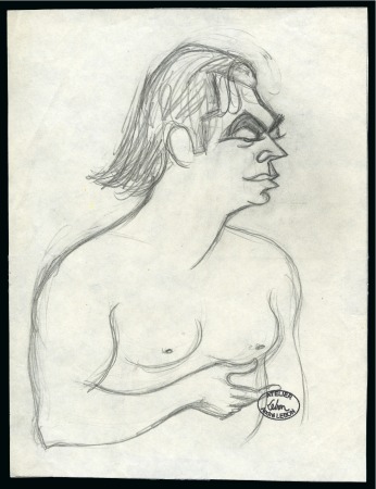 Stamp of Olympics » 1928 Amsterdam » Memorabilia Jonny Weissmuller, original drawing in pencil of his caricature by French artist André Lebon