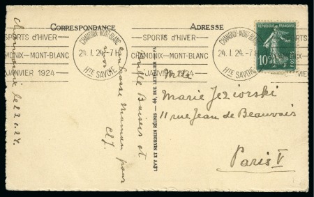 Stamp of Olympics » 1924 Chamonix 1924 Chamonix group of 13 postcards incl. 1924 (Jan 24) postcard with "SPORTS d'HIVER / CHAMONIX - MONT-BLANC / JANVIER 1924" special roller cancel