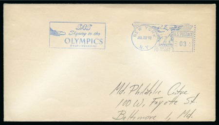 Stamp of Olympics » 1952 Helsinki METER FRANK: 1952 Plain envelope with US 3c "SAS / Skyway to the / OLYMPICS / OSLO-HELSINKI" slogan frank