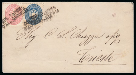 Stamp of Egypt » Austrian Post Offices » Alexandria 1866 Cover from Alexandria to Trieste with Austrian Levant 1864 10s. blue and 5s. rose tied by “COL VAPORE / D’ALESSANDRIA” handstamp