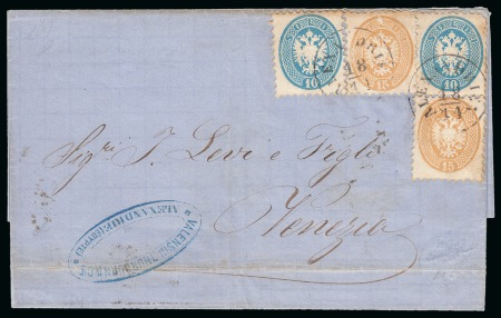 Stamp of Egypt » Austrian Post Offices » Alexandria 1864 (18.11) Folded cover to Venice, franked 1864 10 s. blue and 15 s. brown, two singles of each value tied ALEXANDRIEN cds