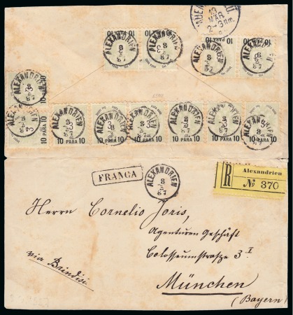 Stamp of Egypt » Austrian Post Offices » Alexandria 1887 (8.3) Opened out registered envelope to Munich, franked with twelve 1866-88 Surcharge Issue 10 pa. on 3 s. green