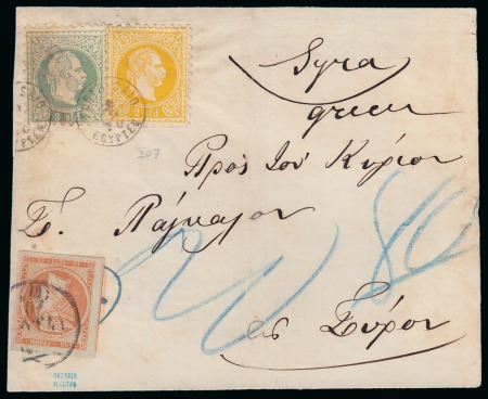 Stamp of Egypt » Austrian Post Offices » Port Said 1870 (9.1) Large part entire with 1867 Coarse printing 2s. yellow and 3s. green tied by “PORTO SAID EGYPTEN / 9.1.70” thimbles