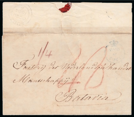 Stamp of Egypt » British Post Offices » Suez 1854 (20.10) Letter from Suez to Batavia, Netherlands East Indies, showing the “Crowned Circle” PAID AT SUEZ in blue