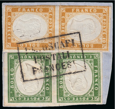 Stamp of Egypt » Italian Post Offices » Alexandria 1855-63 5c green and 10c bistre, both in pairs and tied to fragment by boxed “PIROSCAFI POSTALI FRANCESI” in black, an attractive and scarce fragment  Provenence: Kurt Wolfsbauer