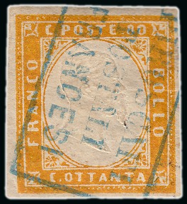Stamp of Egypt » Italian Post Offices » Alexandria 1855-63 80c yellow neatly cancelled by boxed “PIROSCAFI