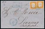 Stamp of Egypt » Italian Post Offices » Alexandria 1863 (21.4) Envelope by French steamer from Alexandria with two Sardinia 80c bright orange stamps tied by blue “PIROSCAFI POSTALI FRANCESI” handstamp