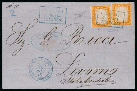 Stamp of Egypt » Italian Post Offices » Alexandria 1863 (21.4) Envelope by French steamer from Alexandria with two Sardinia 80c bright orange stamps tied by blue “PIROSCAFI POSTALI FRANCESI” handstamp