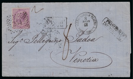 Stamp of Egypt » Italian Post Offices » Alexandria 1868 (8.8) Folded cover from Alexandria to Venezia, Italy, franked Italy 1863 60c tied clear “234” numeral, with “ALESSANDRIA D’EGITTO” cds & framed “PIROSCAFI POSTALI ITALIANI” and “FRANCOBOLLO/INSUFFiCIENTE” alongside,