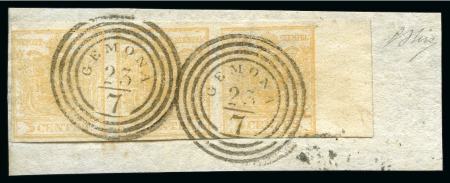 Stamp of Italian States » Lombardy Venetia 1850 5c Light Orange Yellow right marginal strip of three on piece