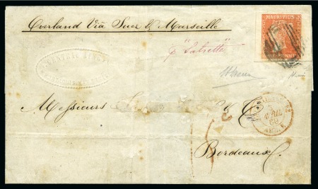 Stamp of Mauritius » 1859 Dardenne Issue (SG 41-44) 1859 Dardenne 1d. vermilion with good to huge margins, tied by barred oval cancel to wrapper from Port Louis to France