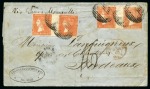 Stamp of Mauritius » 1859 Dardenne Issue (SG 41-44) 1859 Dardenne 1d. vermilion, two horiz. pairs tied by barred oval cancel to 1860 wrapper from Port Louis to France