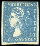 Stamp of Mauritius » 1859 Dardenne Issue (SG 41-44) 1859 Dardenne 2d. blue, position 5, unused with fine to very good margins, showing "feather" flaw below "TWO"