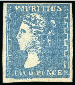 Stamp of Mauritius » 1859 Dardenne Issue (SG 41-44) 1859 Dardenne 2d. blue, position 5, unused with fine to very good margins, showing "feather" flaw below "TWO"