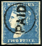 Stamp of Mauritius » 1859 Dardenne Issue (SG 41-44) 1859 Dardenne 2d. blue, position 64 showing cut transfer at lower left, used with good margins, neat "PAID" circle cancel