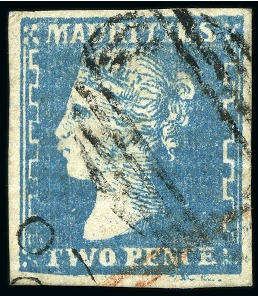 Stamp of Mauritius » 1859 Dardenne Issue (SG 41-44) 1859 Dardenne 2d. blue, position 64 showing cut transfer at lower left, used with good margins