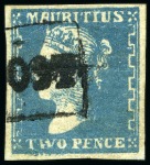 Stamp of Mauritius » 1859 Dardenne Issue (SG 41-44) 1859 Dardenne 2d. blue, position 5 showing "feather" flaw below "TWO", used with fine to good margins