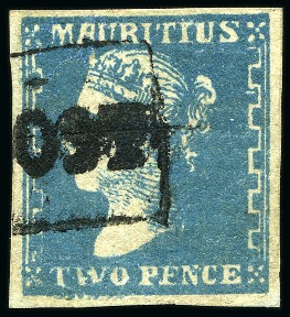Stamp of Mauritius » 1859 Dardenne Issue (SG 41-44) 1859 Dardenne 2d. blue, position 5 showing "feather" flaw below "TWO", used with fine to good margins