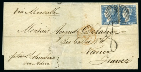 Stamp of Mauritius » 1859 Dardenne Issue (SG 41-44) 1859 Dardenne 2d. pale blue, positions 34 & 65, two singles tied to 1860 (Feb 8) wrapper from Port Louis to France