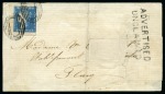 Stamp of Mauritius » 1859 Dardenne Issue (SG 41-44) 1859 Dardenne 2d. blue, position 60, tied to large part lettersheet from Port Louis to Flacq, with "ADVERTISED / UNCLAIMED" handstamp