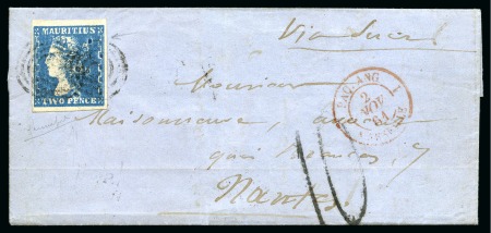 Stamp of Mauritius » 1859 Dardenne Issue (SG 41-44) 1859 Dardenne 2d. blue, position 36, fine to large margins, tied by two target cancels to 1861 (Sep 14) to wrapper to France
