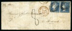 Stamp of Mauritius » 1859 Dardenne Issue (SG 41-44) 1859 Dardenne 2d. blue, two singles with one just touched, tied by barred cancels to 1860 (May 7) cover to France