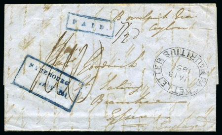 Stamp of Mauritius » Pre-Stamp & Stampless Postal History 1851 (Jan 11) Envelope from Mahébourg to England with blue "PAID" and Mahébourg boxed ds