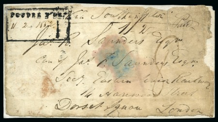Stamp of Mauritius » Pre-Stamp & Stampless Postal History 1852 (Feb 11) Front from POUDRE D'OR to England, with black framed despatch ds