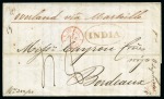 Stamp of Mauritius » Pre-Stamp & Stampless Postal History 1845 (Nov 3) Entire from Port Louis to France with "MAURITIUS / STG. POSTAGE PAID / INLD. Do. .. / SHIP Do. .." hs in red