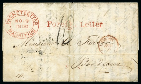Stamp of Mauritius » Pre-Stamp & Stampless Postal History 1850 (Nov 19) Wrapper from Mauritius to France with red "Foreign Letter" hs 