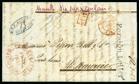 Stamp of Mauritius » Pre-Stamp & Stampless Postal History 1851 (Feb 11) Entire from France to Mauritius with black "Foreign Letter" hs struck on arrival