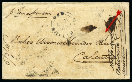 Stamp of Mauritius » Pre-Stamp & Stampless Postal History 1855 Envelope (incl. original contents) sent from Mauritius to India, ms notation on arrival "Not found / Return to Mauritius", plus "Returned Letter" cover from the Dead Letter Office