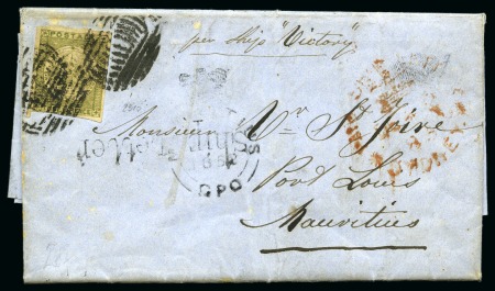 Stamp of Mauritius » Incoming Mail NEW SOUTH WALES: 1851 (Dec 1) Entire from Sydney to MAURITIUS with 1850-51 Sydney View 3d emerald green on soft yellowish wove paper