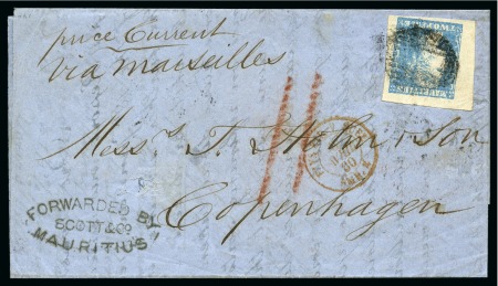 Stamp of Mauritius » 1859 Dardenne Issue (SG 41-44) 1859 Dardenne 2d pale blue, position 40, fine to huge margins, tied by barred oval cancel to 1860 printed matter lettersheet from Port Louis to DENMARK