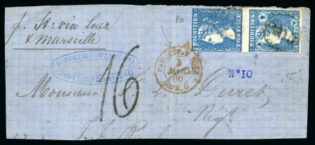 Stamp of Mauritius » 1859 Dardenne Issue (SG 41-44) 1859 Dardenne 2d. blue, positions 3/9 used vertical pair showing litho flaws on lower stamp tied to piece