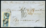 Stamp of Mauritius » 1859 Dardenne Issue (SG 41-44) 1859 Dardenne 2d. pale blue, positions 28 & 13, two singles tied by barred oval cancels to 1860 (Mar 9) entire from Port Louis to France