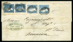 Stamp of Mauritius » 1859 Dardenne Issue (SG 41-44) 1859 Dardenne 2d. blue vertical pair and 2d. pale blue vertical pair tied by barred oval cancels to 1860 wrapper to Réunion