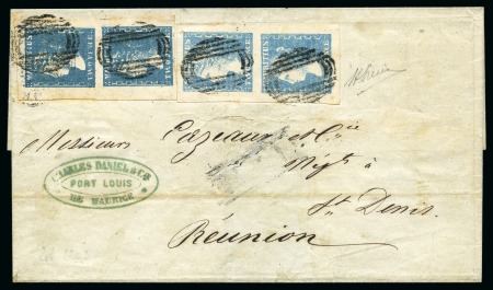 Stamp of Mauritius » 1859 Dardenne Issue (SG 41-44) 1859 Dardenne 2d. blue vertical pair and 2d. pale blue vertical pair tied by barred oval cancels to 1860 wrapper to Réunion