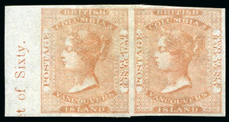Stamp of Canada » British Columbia and Vancouver 1860 2 1/2d Pale Dull Red imperforate plate proof left marginal pair with partial inscription
