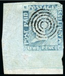 Stamp of Mauritius » 1848-59 Post Paid Issue » Worn Impressions (SG 16-22) 1855-58 Post Paid 2d. grey-blue, position 10, bottom left corner sheet marginal example, used