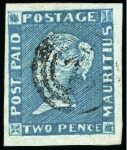 Stamp of Mauritius » 1848-59 Post Paid Issue » Early Impressions (SG 6-9) 1849-54 Post Paid 2d blue, position 3, cancelled by '2' target hs
