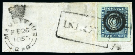 Stamp of Mauritius » 1848-59 Post Paid Issue » Intermediate Impressions (SG 10-15) 1854-57 Post Paid 2d. blue, tied to piece by framed 'INLAND.' hs