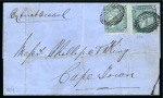 Stamp of Mauritius » 1859 Lapirot Issue » Intermediate Impressions (SG 38) 1859 Lapirot 2d. blue, two singles from positions 9 & 12, on cover to Cape Town