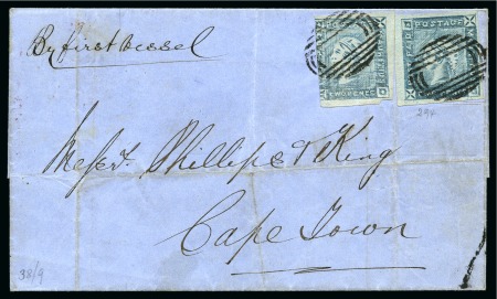 Stamp of Mauritius » 1859 Lapirot Issue » Intermediate Impressions (SG 38) 1859 Lapirot 2d. blue, two singles from positions 9 & 12, on cover to Cape Town