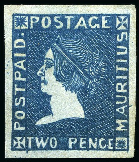 Stamp of Mauritius » 1859 Sherwin Issue (SG 40) 1859 Sherwin 2d. deep blue, position 5, the extraordinary unused example