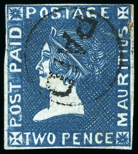 Stamp of Mauritius » 1859 Sherwin Issue (SG 40) 1859 Sherwin 2d. deep blue, position 3, used with "PAID" hs