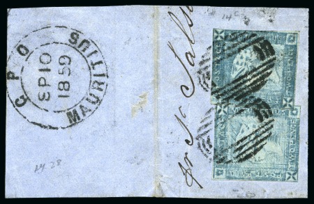Stamp of Mauritius » 1859 Lapirot Issue » Intermediate Impressions (SG 38) 1859 Lapirot 2d. blue, two singles, positions 6 & 7, two singles on piece