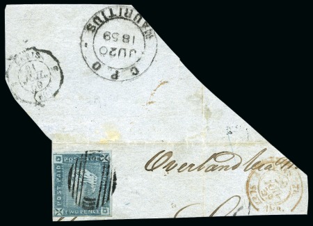 Stamp of Mauritius » 1859 Lapirot Issue » Early Impressions (SG 36-37) 1859 Lapirot 2d. blue, position 11, on piece